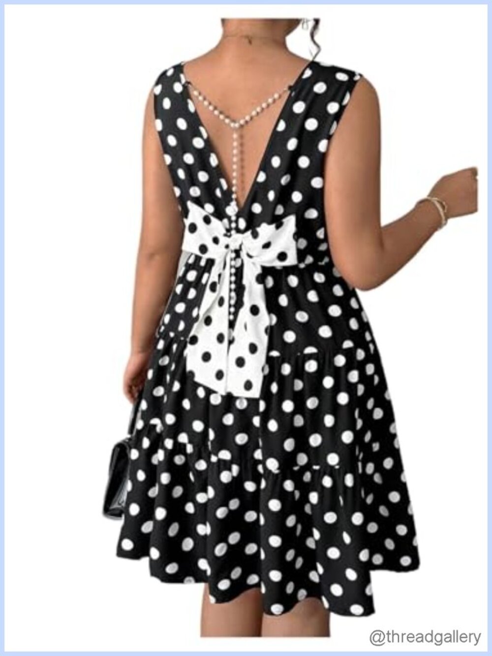 Plus Size Polka Dots Bowknot Backless A-Line Dress Sleeveless Pearl Chains Flowy